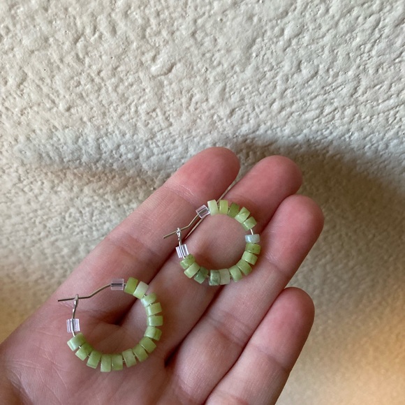 Green South Jade Beaded Hoop Earrings - Picture 3 of 7